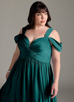 Azazie Lianne Bridesmaid Dresses Peacock A-Line Off the Shoulder Stretch Satin Dress image14