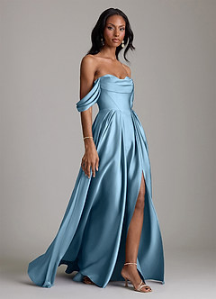 Azazie Loisa Abiti da Damigella Abito A-Line in Raso Elasticizzato a Spalla Scoperta Blu Acciaio image6