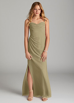 Azazie Mai Junior Vestido de Musgo Verde de Gasa de Recto con Plisado image1