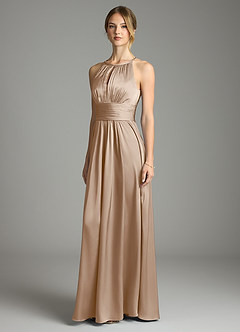Azazie Bonnie Bridesmaid Dresses Taupe A-Line Pleated Stretch Satin Dress image1
