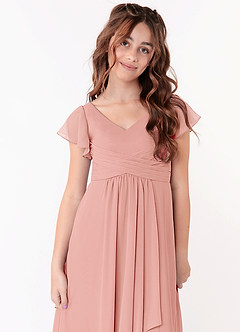 Azazie Omari Junior A-Line Ruched Chiffon Gulv-længde Junior brudepige Kjole image4