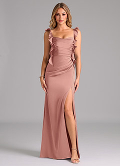 Azazie Jessamine Bridesmaid Dresses Rosette A-Line Corset Stretch Satin Dress image3
