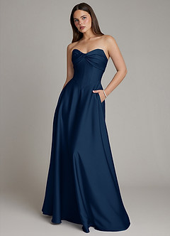 Azazie Meleena Bridesmaid Dresses Dark Navy A-Line Strapless Stretch Satin Dress image1