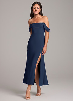 Azazie Saige Bridesmaid Dresses Dark Navy Sheath Off the Shoulder Chiffon Convertible Dress image3