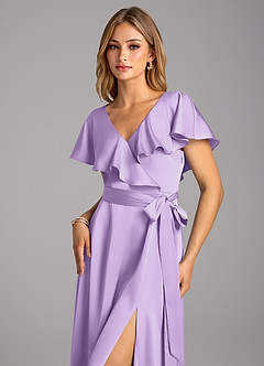 Azazie Lainey Bridesmaid Dresses Lilac A-Line with Pockets Stretch Satin Dress image6
