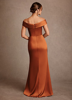 Azazie Bedford Mother of the Bride Dresses Cinnamon Sheath Pleated Stretch Satin Dress image3