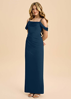 Azazie Saige Junior Dark Navy Sheath Off the Shoulder Stretch Satin Dress image1