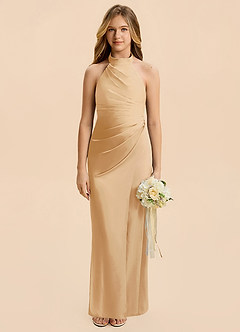 Azazie Jemma Junior Vestido de Oro de Satén Elástico de Corte en A con Volante image1