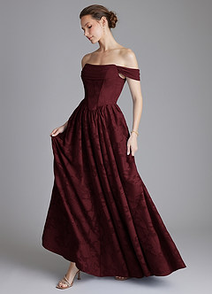 Azazie Raisa Bridesmaid Dresses Cabernet A-Line Off the Shoulder Floral Burnout Dress image7