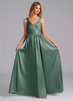 Azazie Keyla Bridesmaid Dresses Eucalyptus A-Line Pleated Stretch Satin Dress image4