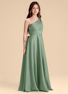 Azazie Charlize Junior Matcha A-Line Pleated Stretch Satin Dress image3