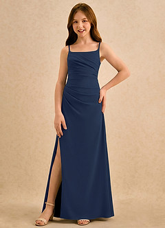 Azazie Cannoli Girls Formal Robe Demoiselle D'honneur Fillette Robe Trapèze en Mousseline de soie Plissée Bleu Marine Foncé image5