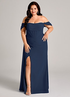 Azazie Amyra Jurken voor bruidsmeisjes Converteerbaar Jurk van Chiffon met Kolom Off the Shoulder Donkere Marine image13