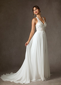 Azazie Sonja Wedding Dresses Diamond White Champagne A-Line Lace Dress image1