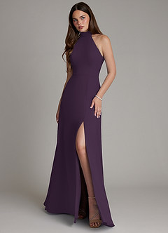 Azazie Myra Bridesmaid Dresses Plum A-Line High Neck Chiffon Dress image1