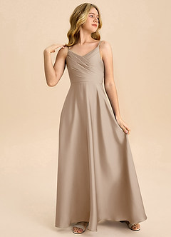 Azazie Bug Junior Linia A Pofałdowany Satyna elastyczna Długość podłogi Młodsza druhna Sukienka image4