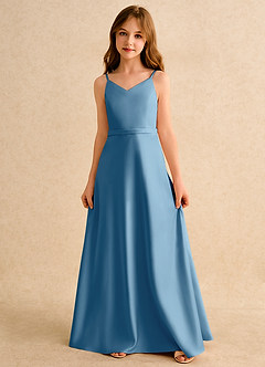 Azazie Fishie Junior Formal Flower Girl Dresses Steel Blue A-Line Matte Satin Dress image4