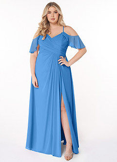 Azazie Dakota Vestidos de damas de honor Vestido de Azul Grisaceo de Gasa de Corte en A con Cuello en V plisado image6