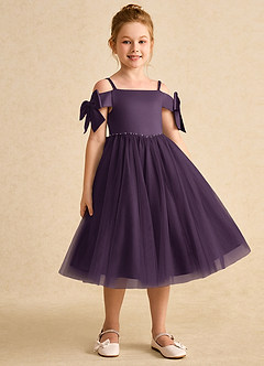 Azazie Amie Flower Girl Dresses Plum A-Line Off the Shoulder Matte Satin Dress image5