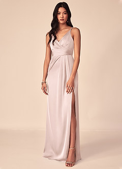 Azazie Aqua Bridesmaid Dresses Blushing Pink A-Line V-Neck Pleated Stretch Satin Dress image1
