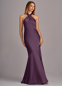 Azazie Lorena Bridesmaid Dresses Plum Mermaid Pleated Stretch Satin Dress image3