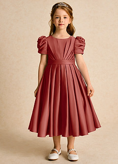 Azazie Miriam Flower Girl Dresses Terracotta Ball-Gown Pleated Matte Satin Dress image4