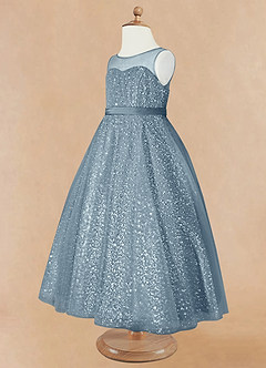 Azazie Siwa Abiti da Ragazza di Fiori Abito A-Line in Tulle Perline Blu Polveroso image6