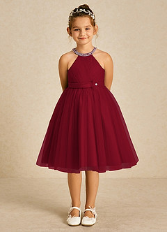 Azazie Honey Flower Girl Dresses Burgundy A-Line Beaded Matte Satin Dress image1