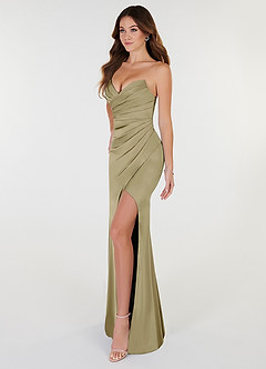 Azazie Yola Bridesmaid Dresses Moss Green Sheath V-Neck Pleated Stretch Satin Convertible Dress image4