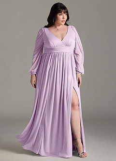Azazie Norah Bridesmaid Dresses Frosted Lilac A-Line V-Neck Long Sleeve Chiffon Dress image9