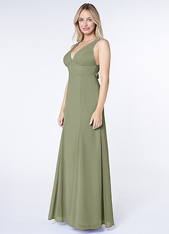 Azazie Christiana At-home Try On Dresses Dusty Blue A-Line V-Neck Pleated Chiffon Dress image4