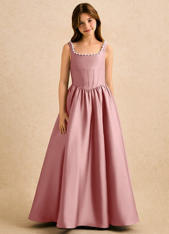 Azazie Enid Girls Formal Abiti da Ragazza di Fiori Abito A-Line in Raso Elasticizzato Con perline Rosa Polverosa image5