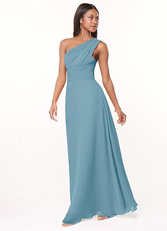 Azazie Ashley Vestidos de damas de honor Vestido de Azul Malhumorado de Gasa de Corte en A con Volante image4