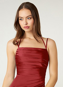 Azazie Desi Bridesmaid Dresses Pomegranate Sheath Halter Corset Stretch Satin Dress image6