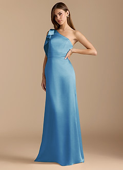 Azazie Rinna Bridesmaid Dresses Steel Blue Mermaid Ruched Metallic Satin Dress image4