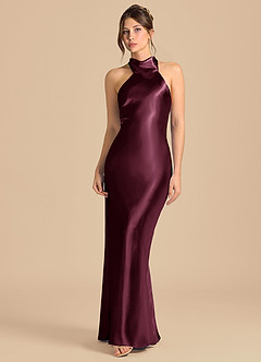 Azazie Velli 신부 들러리 드레스 쉬스 하이넥 메탈릭 새틴 바닥 길이 드레스 image4