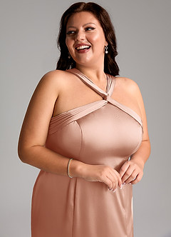 Azazie Rue Bridesmaid Dresses Rose Gold A-Line Pleated Stretch Satin Dress image13