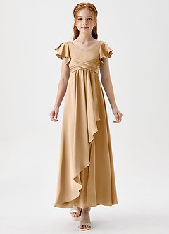 Azazie Omari Junior Gold A-Line Pleated Stretch Satin Dress image5