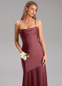 Azazie Grata Bridesmaid Dresses Merlot Sheath Side Slit Stretch Satin Dress image6