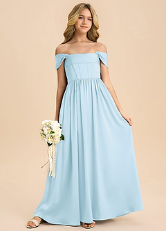 Azazie Hattie Junior Sky Blue A-Line Pleated Stretch Satin Dress image3