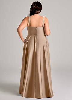 Azazie Shaude Bridesmaid Dresses Taupe A-Line Pleated Stretch Satin Dress image13
