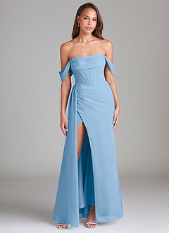 Azazie Amyra Abiti da Damigella Abito Convertibile Tubino in Chiffon a Spalla Scoperta Azzurro Polvere image1