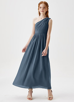 Azazie Anissa Junior Abito A-Line in Chiffon Plissettato Blu Nettuno image4