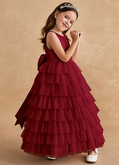 Azazie Twinkle Toes vestidos de niña de las flores Vestido de Borgoña de Tul de Corte En A con Lazo image3