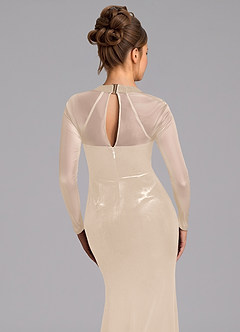 Azazie Megan Final Sale Champagne Mermaid Long Sleeve Mesh Dress image5