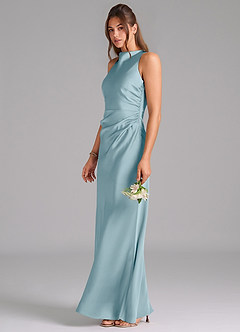 Azazie Evadne Bridesmaid Dresses Moody Blue A-Line Pleated Stretch Satin Dress image1