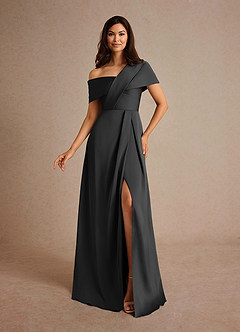 Azazie Milton At-home Try On Dresses Black A-Line Pleated Stretch Satin Dress image1