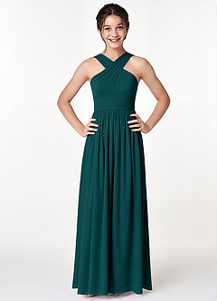 Azazie Jiya Junior Peacock A-Line Pleated Mesh Dress image4