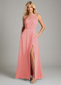 Azazie Phaedra Bridesmaid Dresses Coral A-Line One Shoulder Chiffon Dress image3