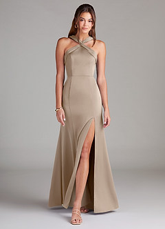 Azazie Rue Bridesmaid Dresses Taupe Mermaid Pleated Stretch Satin Dress image3